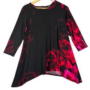 Clara Sun Woo Tunic Women's Small Black Pink Peony Asymmetric Tie Neck A-Line